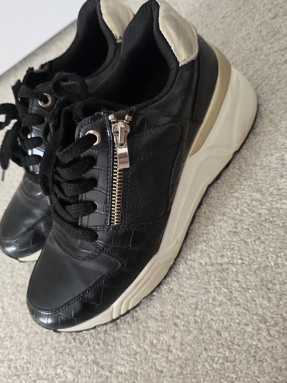 Women's Black Leather Platform Sneakers with Zip Accent